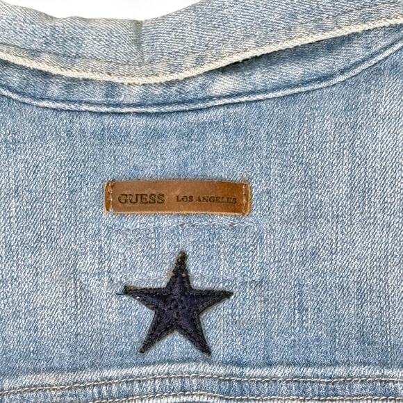 GUESS Cropped Frayed Denim Jacket S USA Cactus Patches Boho Festival 90sRevival - Picture 13 of 13